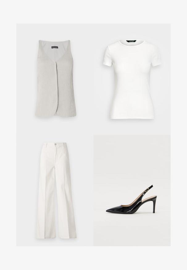 Ljust grå, ärmlös topp med V-ringning. Tillverkad av strukturerad tyg med ett subtilt ribbat mönster och rak skärning.; Vit bomullströja med korta ärmar, rund hals, figursydd design och slät yta. Logotypetikett vid halsringningen.; Vita vida-byxor gjorda av bomull med en slät textur. Har en framknapp, gylf med dragkedja och fyra fickor.; Svart patenterat läder slingback pumps med spetsig tå, smal klack och en subtil utskärning. Har en guldbuckle på remmen.