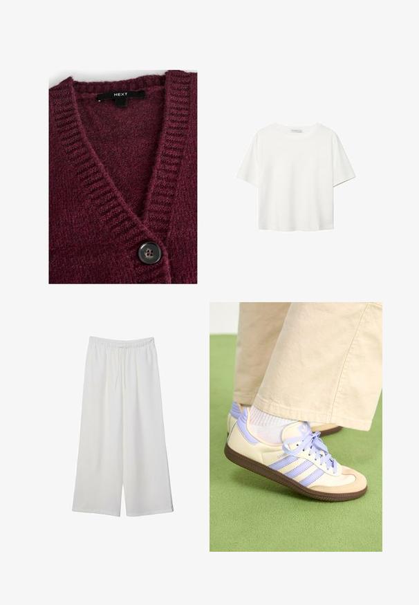 Burgunderfarbener Strickcardigan mit V-Ausschnitt, gerippter Textur und einem großen schwarzen Knopf vorne. Das Etikett trägt die Aufschrift "NEXT."; Weißes T-Shirt mit kurzen Ärmeln aus Baumwolle. Hat einen Rundhalsausschnitt und eine lockere Passform. Glatte Textur ohne sichtbare Muster oder Akzente.; Weiße, weit geschnittene Hosen aus leichtem Stoff, mit einem elastischen Bund und einem Zugband für eine verstellbare Passform. Glatte Textur.; Cremefarbene und lavendelfarbene Sneakers mit drei Streifen und einer strukturierten braunen Sohle, ausgestattet mit Schnürsenkeln und einer gepolsterten Ferse. Obermaterial aus weichem Stoff.