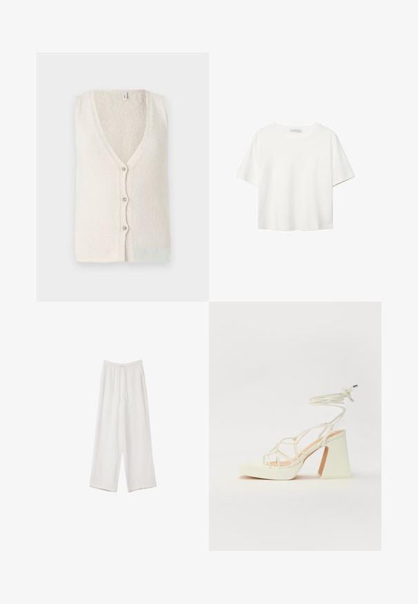 Débardeur sans manches crème clair, design en V, arborant quatre boutons sur le devant et un motif de tissu texturé.; T-shirt blanc à manches courtes en coton. Doté d'un col ras du cou et d'une coupe décontractée. Texture lisse sans motifs ni accents visibles.; Pantalons larges blancs en tissu léger. Dotés d'une taille élastique avec cordon de serrage et de poches latérales. Texture lisse.; Sandale blanche à talons hauts avec un talon épais, présentant un design à lanières et un lien autour de la cheville. Texture lisse avec une plateforme à l'avant pour une hauteur supplémentaire.