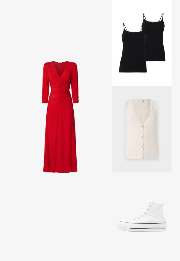 Jasna kremowa kamizelka bez rękawów, z dekoltem w kształcie litery V, z czterema guzikami z przodu oraz teksturowanym wzorem materiału.; Dwa czarne topy na ramiączkach o cienkich paskach, wykonane z miękkiego materiału, z dopasowanym krojem i gładką fakturą, idealne do noszenia na warstwy.; Czerwona sukienka z dekoltem w kształcie litery V, rękawami 3/4 oraz marszczonymi detalami w pasie i na plecach. Tkanina wydaje się gładka i lekka.; Białe wysokie trampki z płótna z czarną gumową podeszwą, przednim czubkiem z gumy i sześcioma dziurkami na sznurowadła, charakteryzujące się prostym, minimalistycznym designem.; Czerwona skórzana torebka o kanciastym, geometrycznym designie. Posiada jedną regulowaną rączkę oraz zapięcie na klapę z przeszyciami.