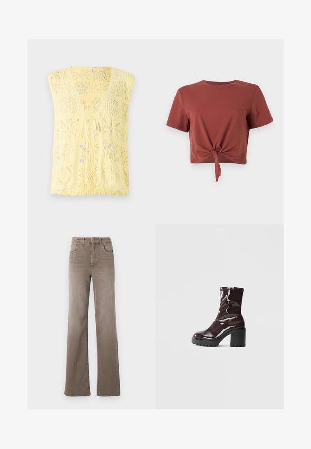 Gelber Strickwesten mit V-Ausschnitt, offenen Mustern und Krawattenverschluss vorne. Weicher Stoff mit lässiger Passform.; Rostfarbiges, kurzes T-Shirt aus weicher Baumwolle mit kurzen Ärmeln und einem geknoteten Vorderteil. Sanfte Textur, runder Ausschnitt.; Braune hoch taillierte Straight-Leg-Jeans mit vorderem Knopf, Gürtelschlaufen und klassischem Fünf-Taschen-Design auf weißem Hintergrund.; Glatte bordeauxrote Ankle Boots mit einem klobigen schwarzen Absatz, die eine glatte Oberfläche und ein einfaches Design aufweisen. Keine sichtbaren Verschlüsse oder Muster.