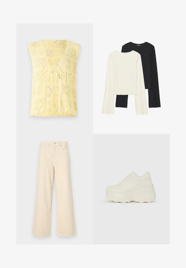 Dzeltena adīta veste ar V-veida kakla izgriezumu, atvērtām rakstām un saišu aizdari priekšā. Mīksta tekstūra ar brīvu griezumu.; Divu garo piedurkņu tops komplekts baltā un melnā krāsā. Ribota tekstūra, apaļš kakls, pieguļoša dizaina ar nedaudz izplestām piedurknēm.; Bežīgas platpēdas džinses, izgatavotas no kokvilnas. Iekļauj pogu aizdari, jostas cilpas un priekšējos kabatas ar gludu, mīkstu tekstūru.; Baltie platformas sporta apavi, kas izgatavoti no gludas mākslīgās ādas, ar noapaļotu formu, mīkstu apkakli un teksturētu gumijas zoli ar izteiktiem rakstiem.