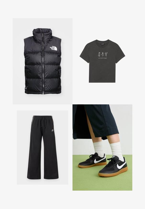 Juodas pūkinis liemenė su aukštu apykakle, užtrauktuku ir baltu logotipu ant krūtinės. Yra paminkštintos dalys šilumai išlaikyti ir šoninės kišenės.; Anglies pilkos spalvos marškinėliai, pagaminti iš minkštos medvilnės, su baltomis siuvinėtomis gėlėmis ir užrašu "augink teigiamas mintis" po dizainu.; Juodos sportinės kelnės, pagamintos iš minkštos medžiagos, su elastingu juosmeniu ir virvute, šoninėmis juostomis ir maža logotipu kairėje priekyje.; Juodos odinės ir sintetinių medžiagų sportbačiai su balta Nike swoosh, guminis padas, apvalus pirštas ir juodi raišteliai. Matomos banguotos baltos kojinės.