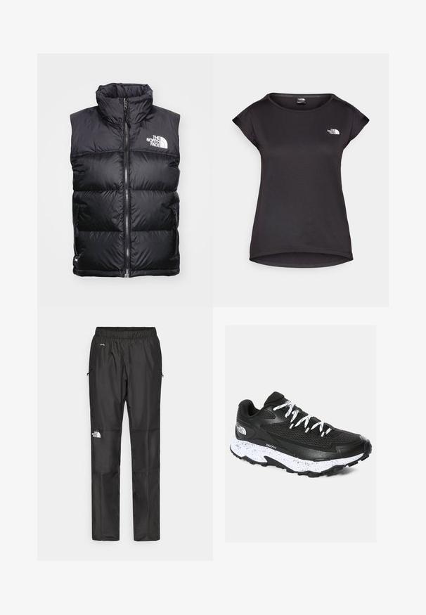 Svart puffert väst med hög krage, dragkedjestängning och vitt logotyp på bröstet. Har vadderade sektioner för isolering och sidofickor.; The North Face TANKEN TANK - T-shirt till träning - black; Svarta vattentäta byxor i lättviktsmaterial, med elastisk midja, sidofickor och en logotyp på vänster ben.; Svart träningsskor med meshuvändig och strukturerad design. Har vit prickig mellansula, tjock svart yttersula och reflekterande snören.