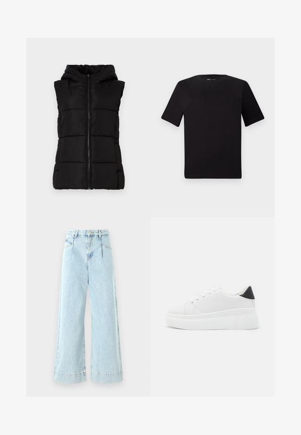 Črna pufasta brezrokavnik s kapuco, z sprednjim zadrgo, horizontano prešito vzorcem in gladko teksturo. Brez rokavov.; Črna majica s kratkimi rokavi in okroglim izrezom, izdelana iz mehkega bombažnega materiala. Preprost dizajn, brez vidnih logotipov ali vzorcev.; Svetlo modri široki traper hlače, izdelane iz denima, s visokim pasom, sprednjimi žepi in našitki na robovih.; Bele platform tenisice izdelane iz gladkega sintetičnega materiala, z zaobljenim prstom, sistemom vezalk in teksturiranim gumijastim podplatom. Črn dodatek na peti.