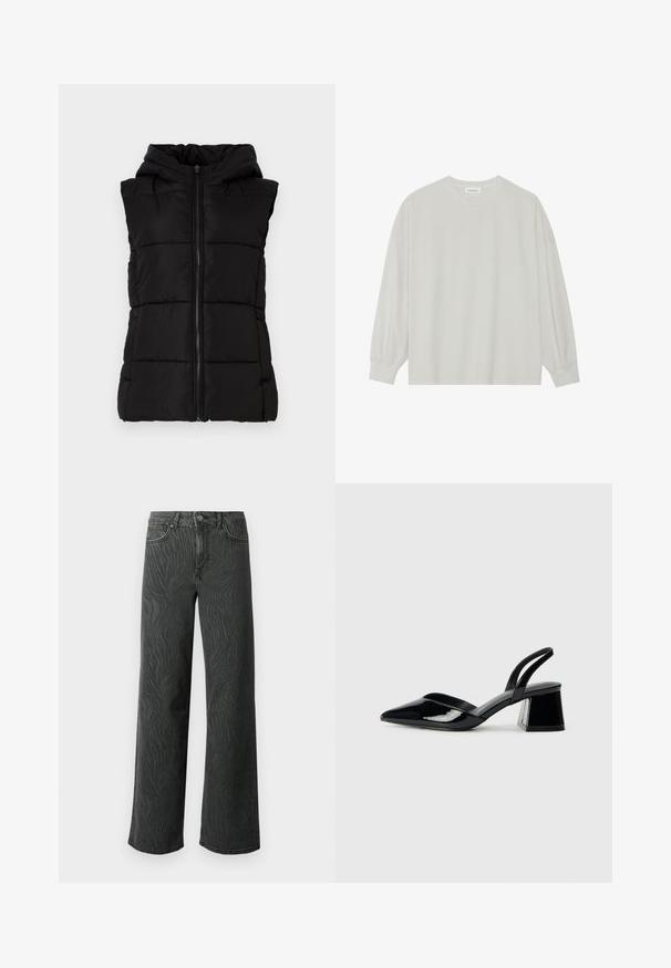 Juodas pūkinis liemenė su kapišonu, su priekiniais užtrauktukais, horizontaliu siuvinėjimo raštu ir lygiu paviršiumi. Be rankovių.; Šviesiai pilkas ilgomis rankovėmis marškinėliai, pagaminti iš minkštos medvilnės. Sukurtas laisvam prigludimui, apvaliu iškirpimu ir švelniai susigūžusiomis rankovėmis. Be raštų ar piešinių.; Platus džinsai tamsiai pilkoje denimo medžiagoje, su subtiliu zebro rašto tekstūra, kontrastinėmis siūlėmis ir penkių kišenių dizainu su mygtukiniu užsegimu.; Juodos lakuotos odinės šlepetės su smailiu pirštu ir geometriniu bloko kulnu. Turi elegantišką, minimalistinį dizainą ir lygų paviršių.