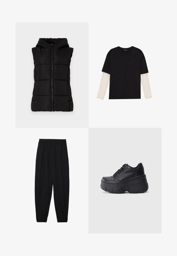 Colete acolchoado preto com capuz, apresentando um fecho frontal com zíper, padrão acolchoado horizontal e textura suave. Sem mangas.; T-shirt preta de algodão, com mangas curtas sobre uma camada de mangas longas branca com um padrão texturizado subtil. Design de decote redondo.; Calças pretas, leves, com um cinto elástico e punhos franzidos. O tecido é suave e apresenta um design relaxado e afunilado.; Ténis pretos com atacadores e sola robusta, apresentando um cabedal em couro liso, bico arredondado e um design de plataforma em camadas distinto.
