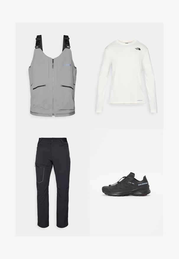 Grå vest med lynlås og justerbare stropper. Har to frontlommer med lynlås og diskrete logo-detaljer. Glat tekstur, letvægtsdesign.; Hvid langærmet skjorte med rund hals, struktureret stof, sort logo på venstre skulder og undermærkning nederst.; Svarte udendørs bukser med en lynlåslomme på låret, elastisk talje og glat, vandafvisende stof. Rent design uden synlige logoer.; Sort trail løbesko med en tekstureret overdel, elastiske snørebånd og Contagrip ydersål. Har en tætsiddende pasform og beskyttende tåhætte.