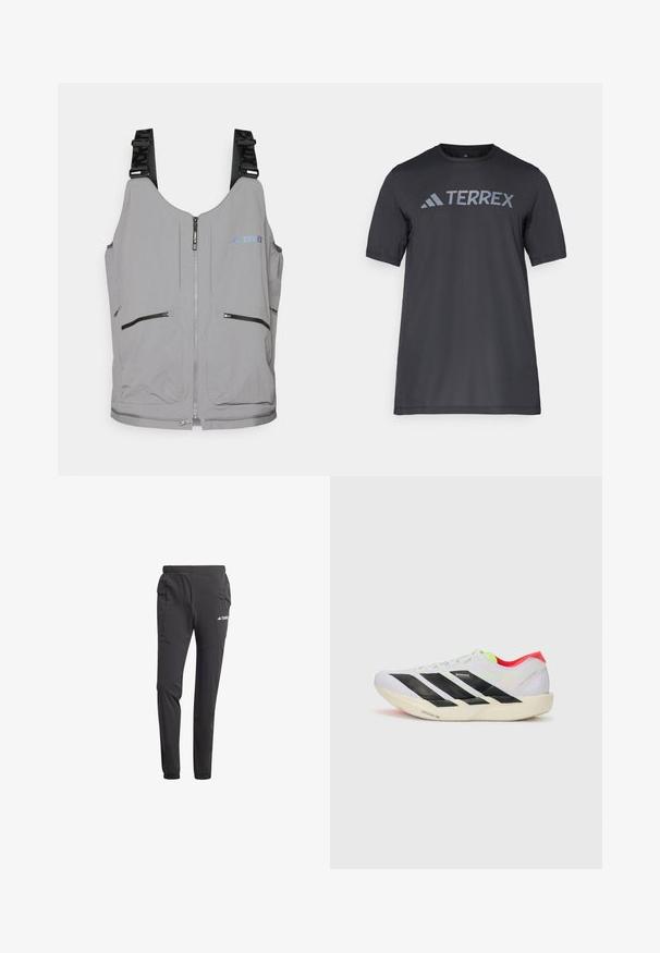 Hallide värvi vest, millel on tõmblukk ja reguleeritavad rihmad. Kaks esimest tõmblukuga taskut ja tagasihoidlikud logo aksessuaarid. Sile tekstuur, kerge disain.; Must musta t-särk, mis on valmistatud kergetest kangast, millel on kergehall "TERREX" logo rinnaeest ja ümar kaelus.; Mustad mustreid sportlikud püksid kergest kangast, elastse vöökoha, küljetaskute, kitsenevate jalgade ja logoväljendusega.; Valge jooksuking mustade triipudega, ere roheline aksessuaar ja punane konts. Omab kerget disaini ja tekstureeritud talla, mis tagab haarde.
