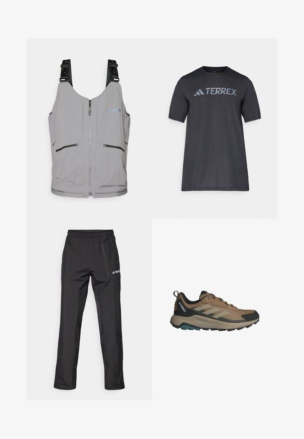 Graue Weste mit Reißverschluss und verstellbaren Trägern. Sie verfügt über zwei vordere Reißverschlusstaschen und dezente Logoakzente. Glatte Textur, leichtes Design.; Schwarzes T-Shirt mit kurzen Ärmeln aus leichtem Stoff, mit einem hellgrauen "TERREX"-Logo auf der Brust und einem Rundhalsausschnitt.; Schwarze, leichte Outdoor-Hose mit elastischem Bund, Reißverschlusstaschen und gedrucktem Logo. Glatte Textur und gerade Beinführung.; Braune Sportschuhe aus Netz- und Synthetikmaterial mit einem grauen und schwarzen Design, strukturiertem Sohlenprofil und grünem Akzent an der Unterseite.