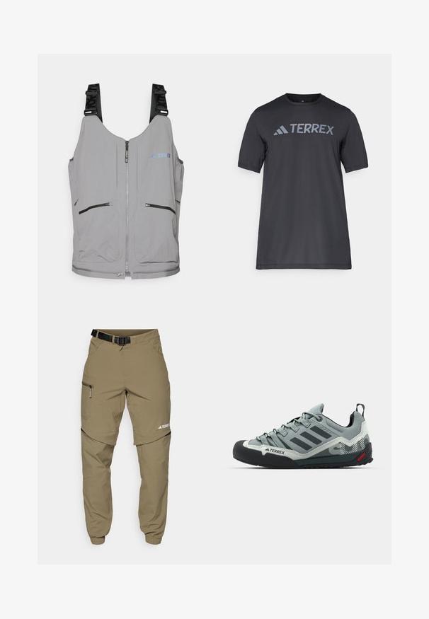 Vesta gri cu închidere cu fermoar și curele ajustabile. Dispune de două buzunare frontale cu fermoar și accente subtile cu logo. Textură netedă, design ușor.; Tricou negru cu mânecă scurtă, confecționat dintr-un material ușor, având un logo gri deschis „TERREX” pe piept și un gât rotund.; Pantaloni de exterior khaki, cu o curea ajustabilă neagră, buzunare cu fermoar, mansete conice și picioare inferioare detașabile pentru un stil versatil.; Pantofi de escaladă gri, cu un superior texturat, vârf din cauciuc negru, trei dungi întunecate și un mic accent roșu pe talpă.