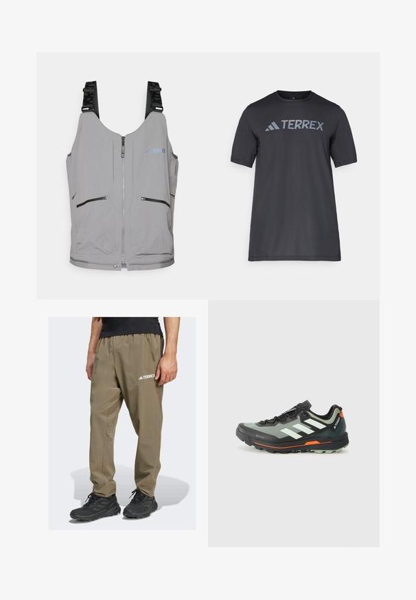 Hallide värvi vest, millel on tõmblukk ja reguleeritavad rihmad. Kaks esimest tõmblukuga taskut ja tagasihoidlikud logo aksessuaarid. Sile tekstuur, kerge disain.; Must musta t-särk, mis on valmistatud kergetest kangast, millel on kergehall "TERREX" logo rinnaeest ja ümar kaelus.; Terrex brändi kerged, khakivärvi matkajalatsid elastse vöökohtaga, küljetasku ja logodetailiga. Valmistatud vastupidavast ja hingavast kangast.; Kerge jalgsimatka jooksujalats halli ja mustavõrguga ülemise osaga, oranžide aktsentidega ning robustse väljastuse haardeks. Veekindel Gore-Tex vooder.