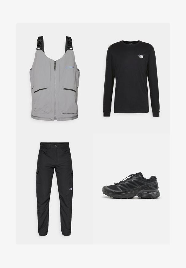 Grijze vest met ritssluiting en verstelbare straps. Bevat twee voorzakken met rits en subtiele logo-accenten. Glad textuur, lichtgewicht ontwerp.; Zwarte longsleeve t-shirt van katoen, met een wit logo op de linkerkant van de borst en geribbelde manchetten. Soepele textuur met een ronde hals.; The North Face HORIZON PANT - Outdoorbroeken - black; Zwarte hardloopschoenen met een bovenwerk van mesh en synthetisch materiaal, een flexibele buitenzool en elastische veters. Heeft een gevoerde tussenzool voor comfort.