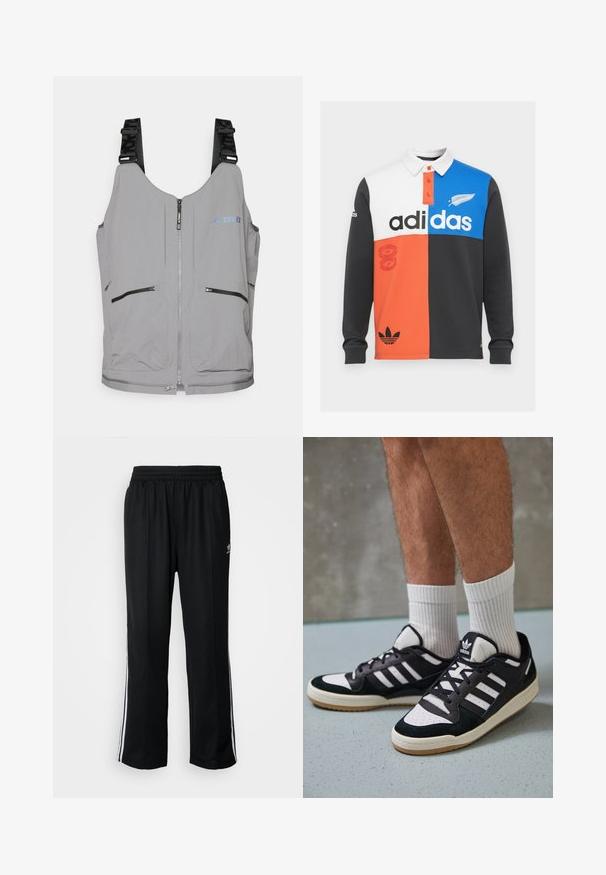 Graue Weste mit Reißverschluss und verstellbaren Trägern. Sie verfügt über zwei vordere Reißverschlusstaschen und dezente Logoakzente. Glatte Textur, leichtes Design.; Langärmliges Polohemd mit Farbblockierung in Schwarz, Weiß, Orange und Blau, mit Kragen, Knopfleiste und auffälligem Adidas-Logo.; Schwarze Sporthosen mit elastischem Bund, ausgestattet mit weißen Seitenstreifen und einem kleinen Logo. Das Material wirkt weich und leicht.; Schwarz-weiße Sneaker mit einem Obermaterial aus Wildleder und Leder, ausgestattet mit drei weißen Streifen, einer perforierten Zehenpartie und einer Sohle aus Gummi.