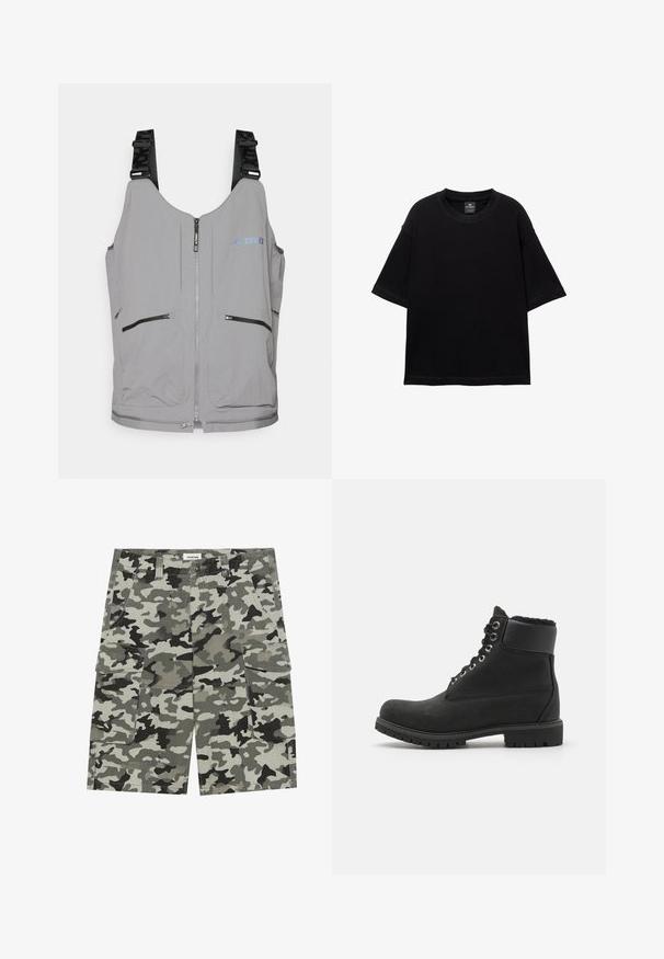 Sivi prsluk s patentnim zatvaračem i podešivim trakama. Ima dva prednja džepa sa patentnim zatvaračem i suptilne logotipske akcenta. Glatka tekstura, lagani dizajn.; Crna kratka majica s kratkim rukavima od pamuka, s okruglim izrezom i ležernim krojem. Glatka tekstura s minimalnim detaljima šivanja.; Kratke hlace u kamuflažnom uzoraku u nijansama sive i zelene, s višestrukim džepovima, zatvaranjem na gumb i čvrstom teksturom tkanine.; Crne čizme do gležnja od antilopa s gumenenim đonom, s metalnim rupama za vezanje, vezicama i mekim umjetnim krznom oko vrha.