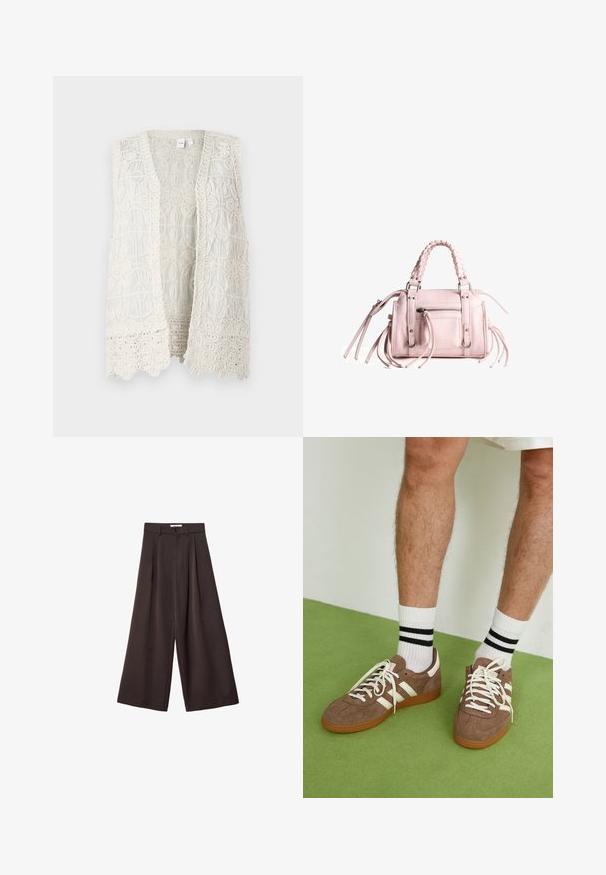 Kremasti bezrukavnik s složenim čipkastim uzorkom, s kružnim motivima i teksturiranim rubovima, otvorenog prednjeg dizajna.; Brendirani smocked top s tanku u narančasto-krem cvjetnom uzorku, s tankim trakama i opuštenim krojem. Lagani, meki materijal.; Crne široke hlače s visokim strukom, s prednjim plisiranjima i kopčanjem na dugme u struku, izrađene od glatkog materijala.; Smeđe nubuk tenisice s bijelim detaljima i vezicama. Gumeni potplat. Nosene s bijelim čarapama s crnim prugama. Zeleno teksturirano pod.; Roza torbica s pletenom drškom na vrhu, srebrnim detaljima, prednjim džepom s patentnim zatvaračem i dugim resicama sa strana; teksturirani materijal od umjetne kože.