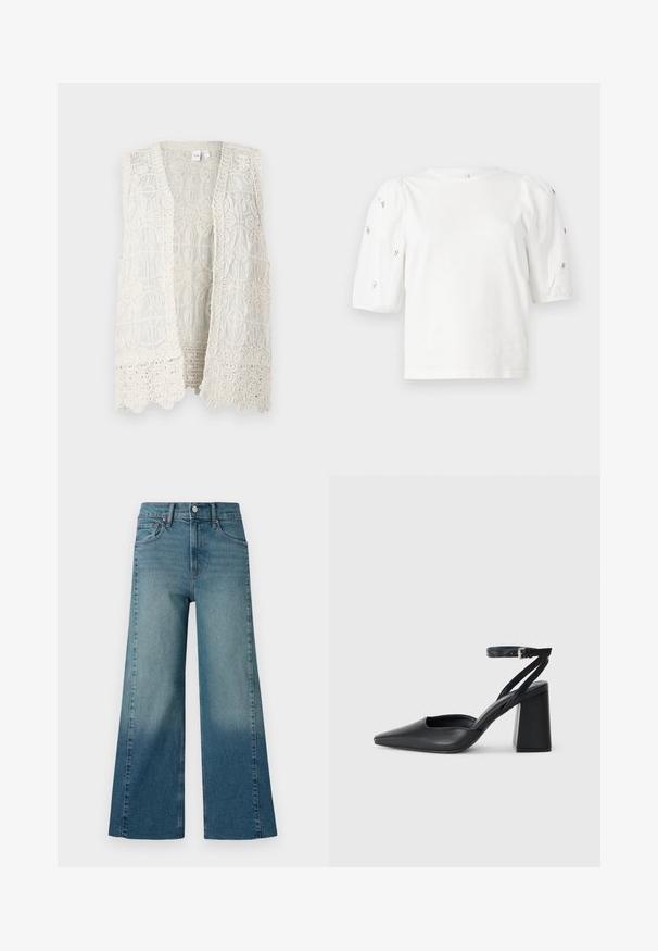 Kremfarget ermeløs vest med intrikate blonder mønstre, som har sirkelformede motiver og teksturerte kanter, åpen frontdesign.; Hvit bomull T-skjorte med korte pufferm, med små sølvdekorasjoner langs ermene. Klassisk rund hals, avslappet passform.; Bredde ben jeans i en middels blå vask, med en gradienteffekt fra mørkere til lysere. Laget av denim med en tradisjonell fem-lomme design.; Svart lær pumps med spiss tå, ankelrem og kraftig hæl. Flat tekstur, strømlinjeformet design og minimalisme.