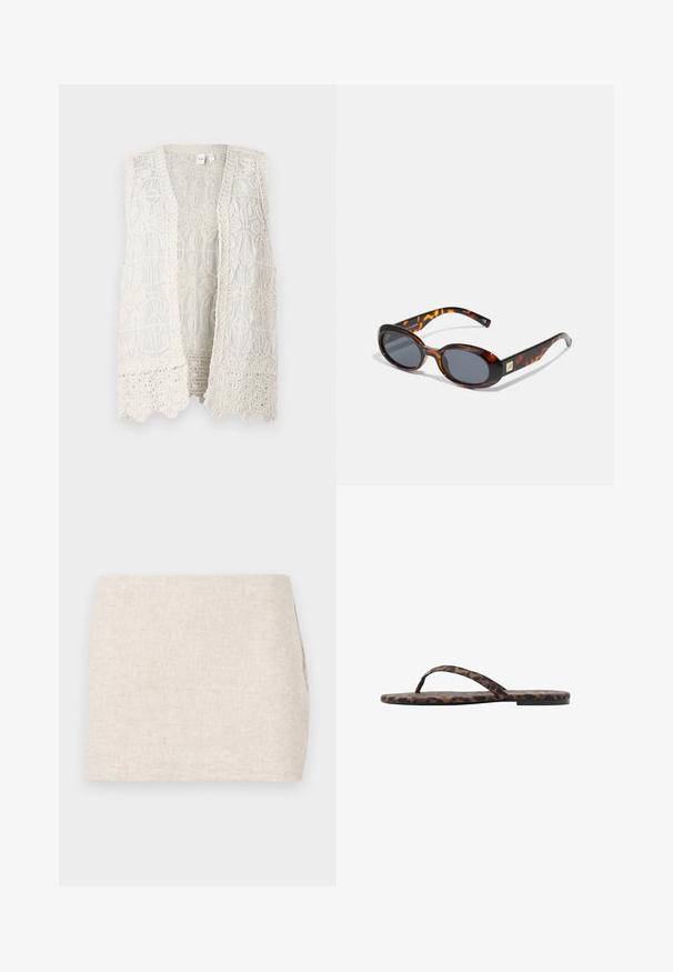Cremfarbener ärmelloser Weste mit kompliziertem Spitzenmuster, das kreisförmige Motive und strukturierte Kanten aufweist, offenes Vorderdesign.; Ärmelloses Oberteil in erdigem Taupe, aus geripptem Material gefertigt. Hat einen runden Halsausschnitt und saubere Kanten mit minimalen Details.; Beige Leinenrock mit minimalistischer Gestaltung, der eine glatte Textur und subtile Webart aufweist. Er hat einen geraden, schlichten Schnitt ohne sichtbare Verschlüsse.; Leopardenmuster Flip-Flopsandalen mit flacher Sohle, dünnen Riemen und glatter Textur. Sie verfügen über auffällige schwarze und braune Muster auf dem Material.; Braune Schildpatt-Sonnenbrille mit ovalen Gläsern und dunkelgrauem Verlauf. Mit einem goldfarbenen Akzent an den Bügeln. Glatte Kunststoffoberfläche.; Geflochtene Strohtasche mit braunen Ledergriffen, die einen Farbverlauf von Beige zu Pink aufweist und einen fransigen oberen Rand hat. Strukturierte Oberfläche.; Silberfarbene Creolen mit einer Reihe klarer Steine und einem runden Kristallanhänger, der von jeder hängt. Poliertes Metall, elegantes Design.