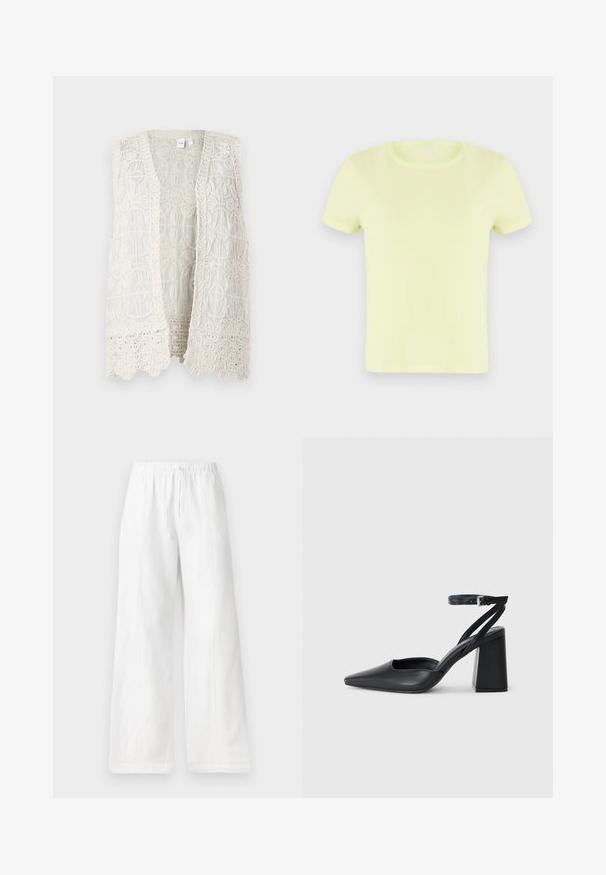 Krējuma krāsas bezpiedurkņu veste ar sarežģītu mežģīņu rakstu, iekļaujot apļveida motīvus un faktūrētu malas, atvērta priekšpuses ādas dizains.; Neon dzeltena īsām piedurknēm T-kreklu no kokvilnas. Ar klasisku apaļu kakla izgriezumu un gludu, vieglu tekstūru.; Baltas lina platās bikses ar elastīgu jostasvietu un auklu, ar sānu šuvēm un gludu tekstūru. Nav kabatu.; Melna ādas augstpapēžu kurpe ar norakstīto purngala formu, potītes siksniņu un masīlu papēdi. Gluda tekstūra, elegants dizains un minimālisma estētika.