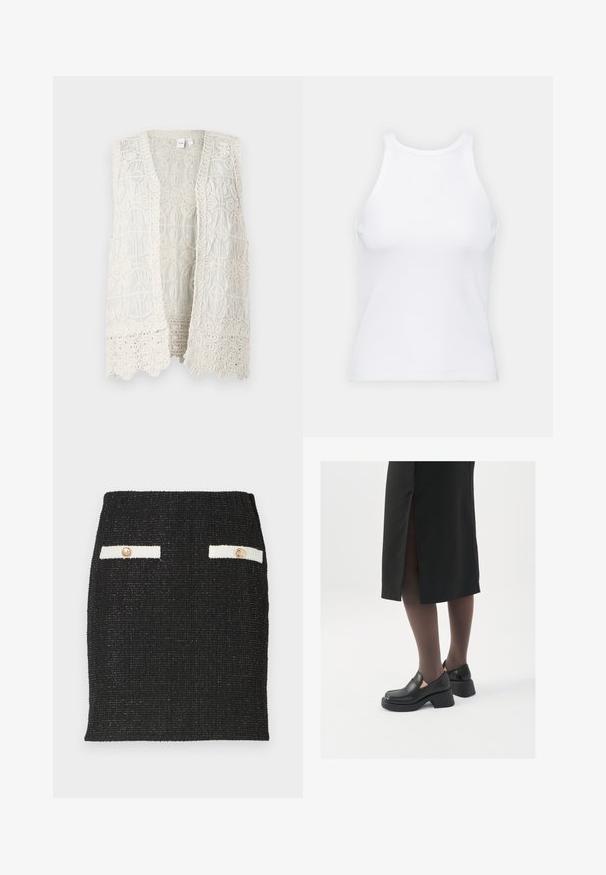 Vesta fără mâneci de culoare crem, cu un model de dantelă complicat, având motive circulare și margini texturate, cu un design deschis în față.; Top alb fără mâneci, confecționat din material ribbed, prezentând un decolteu rotund și o siluetă ajustată, cu cusături minime și fără ornamente.; Fustă din tweed negru, cu un material texturat și un design ajustat. Prezintă două accente de buzunare albe cu butoane aurii.; Pantofi din piele neagră cu vârful rotund, toc bloc gros și accente elastice pe lateral, asortați cu colanți închiși la culoare și o fustă neagră cu o fanta.