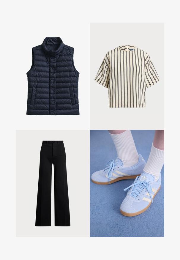 Tamsiai mėlyna pūkinė liemenė be rankovių su aukštu apykakliu, sagomis užsegama, dvi šoninės kišenės ir siuvinėta faktūra. Ant krūtinės subtilus prekės ženklo ženklinimas.; Kreminės ir tamsiai mėlynos juostelės trumpų rankovių marškinėliai, turi apvalų iškirpimą ir dėžutės tipo dizainą, pagaminti iš tekstūruotos medžiagos.; Juodos plačios kojos kelnės, pagamintos iš audinio, su aukštu liemeniu, priekiniais mygtukais ir šoniniais kišenėmis. Sklandus paviršius su švariomis linijomis.; Šviesiai mėlyni zomšiniai sportbačiai su baltais dryžiais, plokščiomis raištelėmis ir guminiais padais. Virš kulkšnies dėvimos raukšlėtos baltos kojinės.