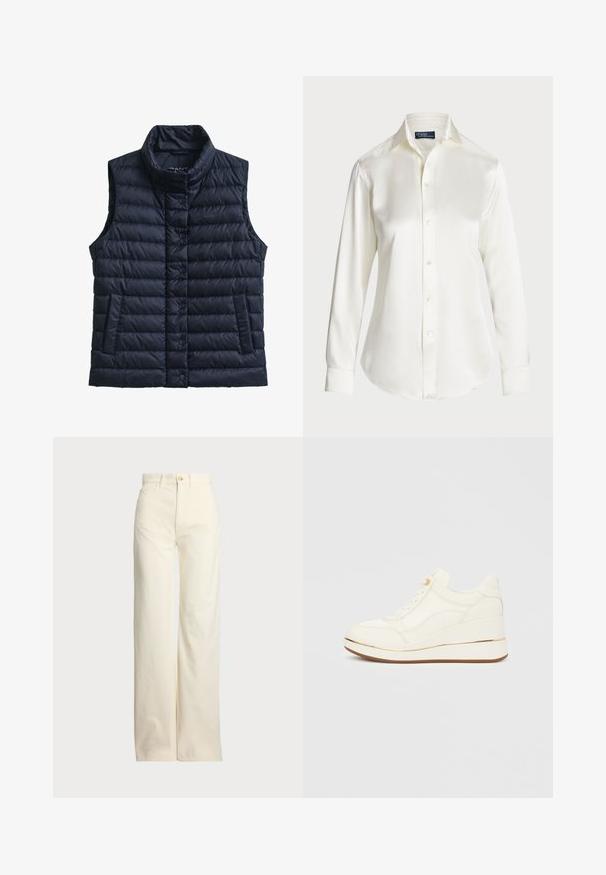 Teget plavi prsluk bez rukava s pufastim punjenjem, ovratnikom u obliku lijevka, zatvaranjem na kopče, dva bočna džepa i prošivenom teksturom. Ima decentno označavanje na prsima.; Bijela košulja dugih rukava s dugim gumbima, izrađena od glatkog materijala, sa klasičnom kragnom i suptilnim sjajem, zaobljenim rubom i detaljima s gumbima.; Polo Ralph Lauren COTTON CORDUROY WIDE-LEG PANT - Hlače - warm white; Bijele tenisice s teksturiranim dizajnom, zaobljenim vrhom, vezicama sprijeda i klinastom petom naglašenom zlatnom prugom. Gumenim potplatom.
