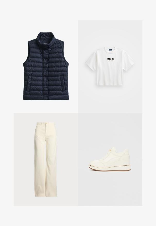 Tamsiai mėlyna pūkinė liemenė be rankovių su aukštu apykakliu, sagomis užsegama, dvi šoninės kišenės ir siuvinėta faktūra. Ant krūtinės subtilus prekės ženklo ženklinimas.; Balta medvilninė marškinėliai su trumpomis rankovėmis, frontinėje dalyje puošti juodu siuvinėtus "POLO" logotipu. Paprasta, dėžutės formos dizainas.; Polo Ralph Lauren COTTON CORDUROY WIDE-LEG PANT - Kelnės - warm white; Balti sportbačiai su faktūruotu dizainu, apvalia nosimi, raišteliais priekyje ir pleišto formos kulnu, pabrėžtu auksine juostele. Guminė pado dalis.