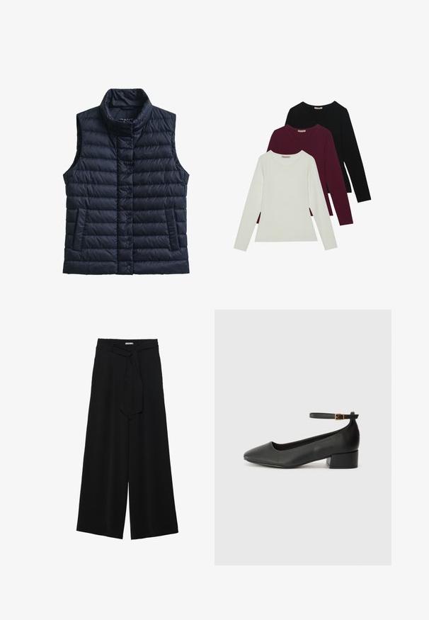 Teget plavi prsluk bez rukava s pufastim punjenjem, ovratnikom u obliku lijevka, zatvaranjem na kopče, dva bočna džepa i prošivenom teksturom. Ima decentno označavanje na prsima.; Majice s dugim rukavima u bijeloj, burgundijskoj i crnoj boji. Izrađene od mekog materijala, s okruglim izrezom i prilagođenim krojem. Pogodne za slojevito odijevanje.; Crne široke hlače od teksturirane tkanine, s elastičnom pojasom i odvojivim remenom na struku za prilagodivo pristajanje.; Crne kožne pumpe s oštrim vrhom i niskom blok petom. Sadrže remen oko gležnja s zlatnim kopčanjem. Glatka tekstura.