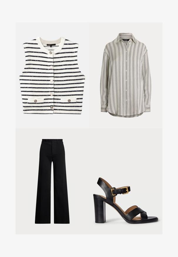 Prugasta prsluk u bijeloj i mornarskoj plavoj boji, pletena tkanina s blistavim šljokicama, s okruglim izrezom, zatvaranjem na dugmad i prednjim džepovima.; Košulja s dugim rukavima izrađena od lagane tkanine, s vertikalnim crnim i bijelim prugama, oštrim ovratnikom i zaobljenim donjim rubom.; Crne hlače širokih nogavica izrađene od tkanine, s visokim strukom, prednjim kopčanjem na dugme i bočnim džepovima. Glatka tekstura s čistim linijama.; Crne kožne sandale s potpeticom s dizajnom s križanjem trakama i kopčanjem. Imaju debelu potpeticu i glatku teksturu.