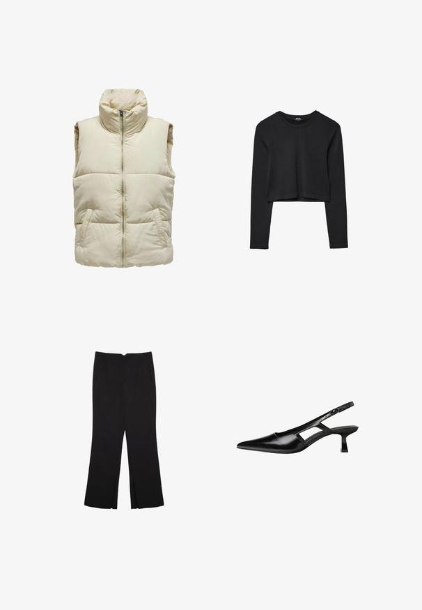 Puffige beige Weste mit hohem Kragen, Frontreißverschluss und zwei Seitentaschen. Sie besitzt ein gesteppter Muster für zusätzlichen Textur und Wärme.; Schwarzes, langärmliges, kurz geschnittenes Oberteil mit Rundhalsausschnitt, schlichter Gestaltung und leicht abgerundetem Saum.; Schwarze Hose mit geradem Schnitt, ausgestattet mit Fronttaschen und Seitenschlitzen am Saum. Hergestellt aus weichem, glattem Stoff. Geeignet für verschiedene Anlässe.; Schwarze Lackleder-Slingback-High Heels mit spitzer Zehenform, ausgeschnittenem Seitendesign und kleinem Blockabsatz. Glatte Textur mit minimalen Akzenten.