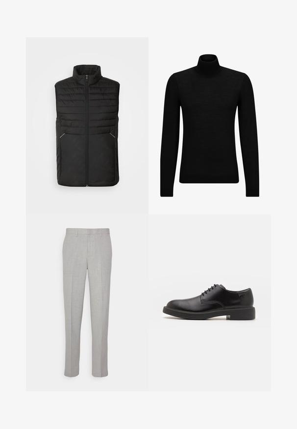 Fekete puffervests, magas gallérral, elülső cipzárral, két oldalsó zsebbel, steppelt dizájnnal és sima felülettel. Figyelemre méltó ezüstszerű kiegészítők a zsebeken.; Fekete garbó pulóver puha anyagból, hosszú ujjakkal és szoros fazonnal. Ribbed díszítés az alján és az ujjak végén. Egyszerű dizájn.; Világosszürke nadrág, sima textúrával, lapos elülső résszel és egyenes lábakkal. Lélegző anyagból készült, belső zsebekkel és övjáratokkal ellátva.; Fekete bőrcipő, kerek orrú, sima felületű, minimális varrással és alacsony gumitalppal. Logó a sarokrészen.