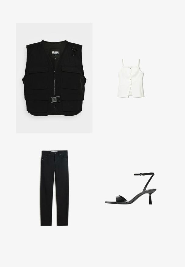 Fekete mellény, elől cipzárral, hálós béléssel és több elülső zsebbel. Fém csatoló szerelvényekkel és egy csattal. Közepes méret.; Fehér, ujjatlan felső, gombos előrészével, oldalzsebeivel és testhezálló kialakításával, enyhén bővülő aljával. Simább textúrájú, minimális részletezéssel.; Fekete farmernadrág egyenes szárú fazonnal, öt zsebbel, fémből készült gombzárral és diszkrét varrási részletekkel. Sima textura.; Bershka Magas sarkú szandálok - black