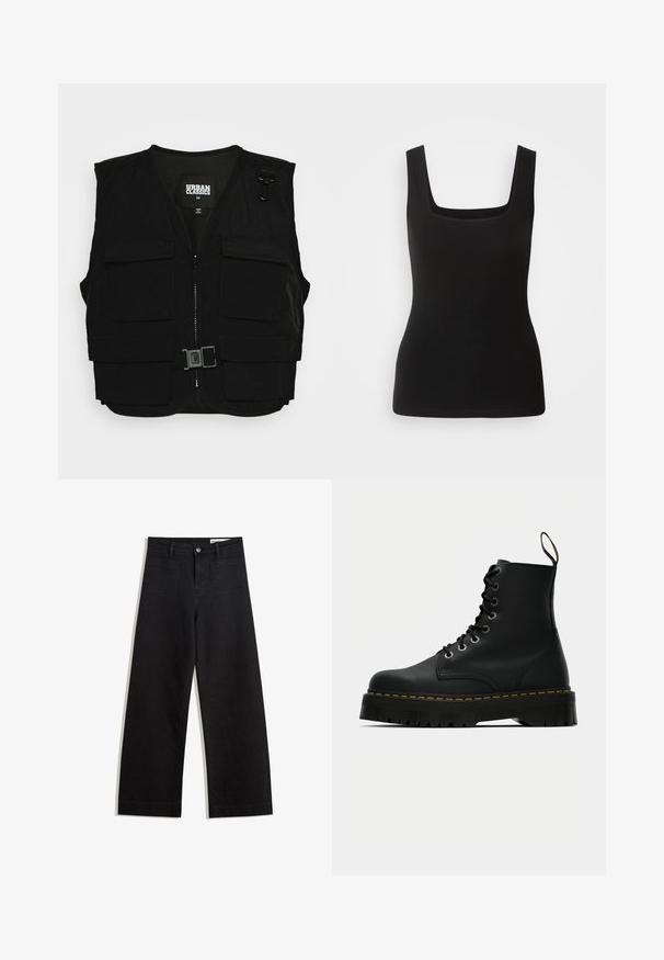 Vest negru cu fermoar pe față, căptușeală din plasă și mai multe buzunare frontale. Include accesorii din metal și un detaliu cu cataramă. Mărimea medie.; Top fără mâneci, de culoare neagră, cu decolteu pătrat, realizat dintr-un material neted; design ajustat, fără modele sau accente din metal.; Pantaloni din denim negri cu picioare largi, cu talie înaltă, având buzunare frontale și posterioare, cusături dublate și închidere cu nasture. Textură netedă.; Cizme de gleznă din piele neagră, cu șireturi, având o talpă din cauciuc texturat și un detaliu de cusătură galbenă în jurul platformei.