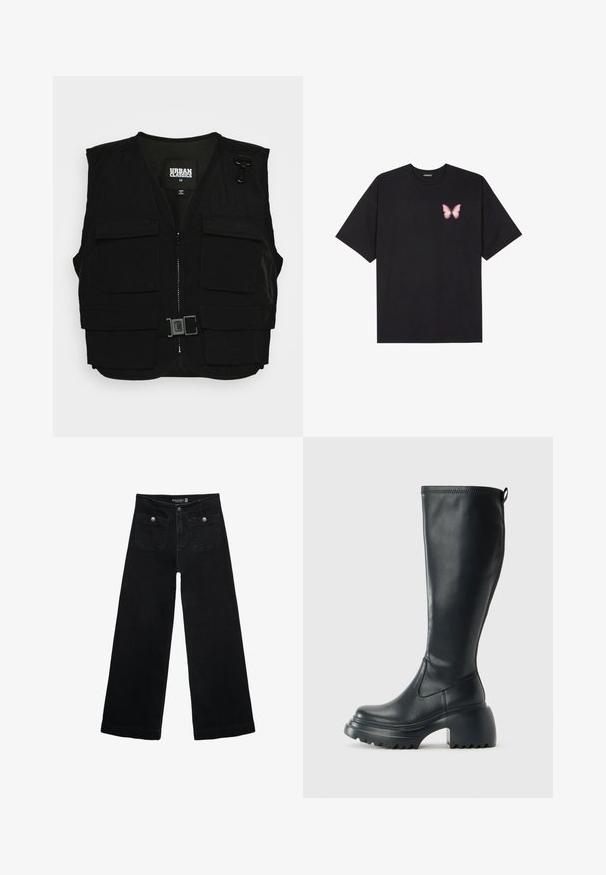 Crni prsluk s patentnim zatvaračem sprijeda, mrežastom podstavom i višestrukim prednjim džepovima. Uključuje metalne kopče i detalj s kopčom. Velicina medium.; Crna pamučna majica s kratkim rukavima, s malim grafičkim prikazom ružičaste vjetricaste s desne strane na prsima. Dizajn s okruglim izrezom i opuštenim krojem.; Crne široke traperice s visokim strukom, koje imaju dva prednja džepa i metalne gumbe kao ukrase. Tkanina ima glatku teksturu.; Visoke crne kožne čizme s debelim platformskim đonom i blok petom, s patentom za povlačenje i teksturiranim uzorkom na potplatu.