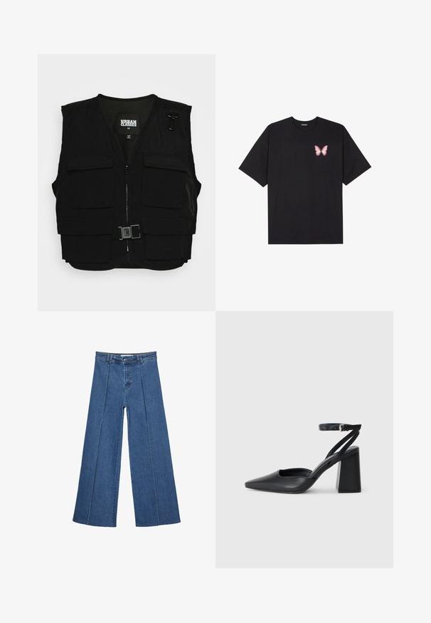 Črna jopica z zadrgo spredaj, mrežno oblogo in več sprednjimi žepi. Vključuje kovinske sponke in detajl s sponko. Velikost srednja.; Črna bombažna majica s kratkimi rokavi, ki ima majhen roza metuljček na levi strani prsnega dela. Majica s krožnim ovratnikom in sproščenim krojem.; Jeans širokih nogavic v srednji modri barvi, z visokim pasom, gumbom in kontrastnimi navpičnimi šivi spredaj.; Črne usnjene klasične čevlje z ostrim nosom, z zaponko za gleženj in debelim peto. Ravna tekstura, eleganten dizajn in minimalistična estetika.