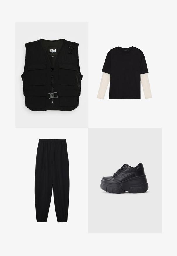 Czarna kamizelka z zamkiem z przodu, siateczkowym wykończeniem i wieloma kieszeniami z przodu. Zawiera metalowe elementy mocujące oraz detal z klamrą. Rozmiar średni.; Czarny T-shirt wykonany z bawełny, z krótkimi rękawami na białej warstwie z długim rękawem z delikatnym teksturowanym wzorem. Projekt z okrągłym dekoltem.; Czarne, lekkie spodnie z elastycznym pasem i ściągaczami na kostkach. Materiał jest gładki i ma luźny, zwężany krój.; Czarne sznurowane trampki z masywną podeszwą, z gładkim skórzanym wierzchem, zaokrąglonym noskiem i wyraźnym, warstwowym designem platformy.