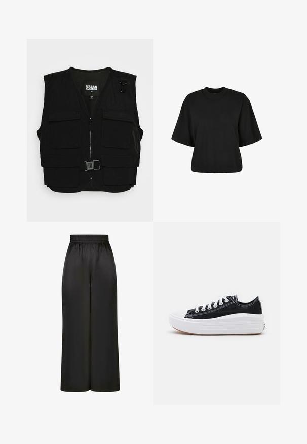 Juodas liemenė, turinti užtrauktuką priekyje, tinklinį pamušalą ir kelias priekinės kišenes. Įtraukti metaliniai spaustukai ir sagties detalė. Dydis - vidutinis.; Juoda trumpa medvilninė palaidinė. Su trumpomis rankovėmis ir apvaliu iškirpimu. Lygus paviršius su paprastu dizainu, be papildomų raštų.; Juodos plačios kelnės, pagamintos iš lygaus, blizgaus audinio, su elastinga juosmens juosta ir be matomų kišenių ar aparatūros detalių.; Juodi drobės sportbačiai su baltais raišteliais, balta guma ant pirštų ir masyvi balta vidurine dalimi. Yra subtilių baltų siūlių ir guminis padas.