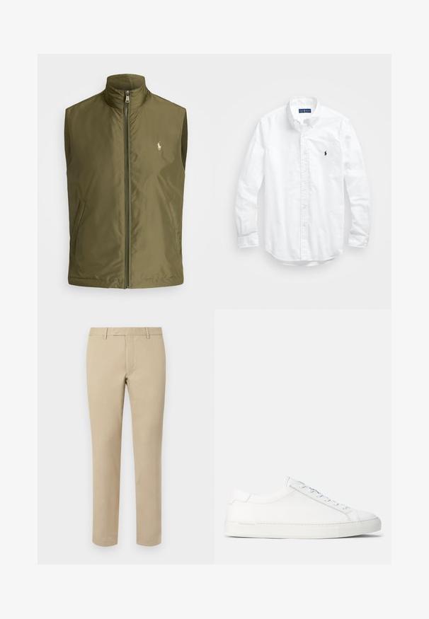 Olivgrön ärmlös väst gjord av lätt tyg, med hög krage, frontdragkedja och en liten broderad logotyp på bröstet.; Vit långärmad skjorta i bomull med knappar. Har en klassisk krage, knappmanchetter och en liten broderad logotyp i marinblått på bröstet.; Beige bomullsbukser med rak skärning, utrustade med bälteshällor, flat framsida och skräddarsydda fållar. Slät textur och minimal detaljer.; Vita lädersneakers med en slät yta, rund form, platt gummisula och vita snören. Har en minimalistisk design och diskret varumärkning.