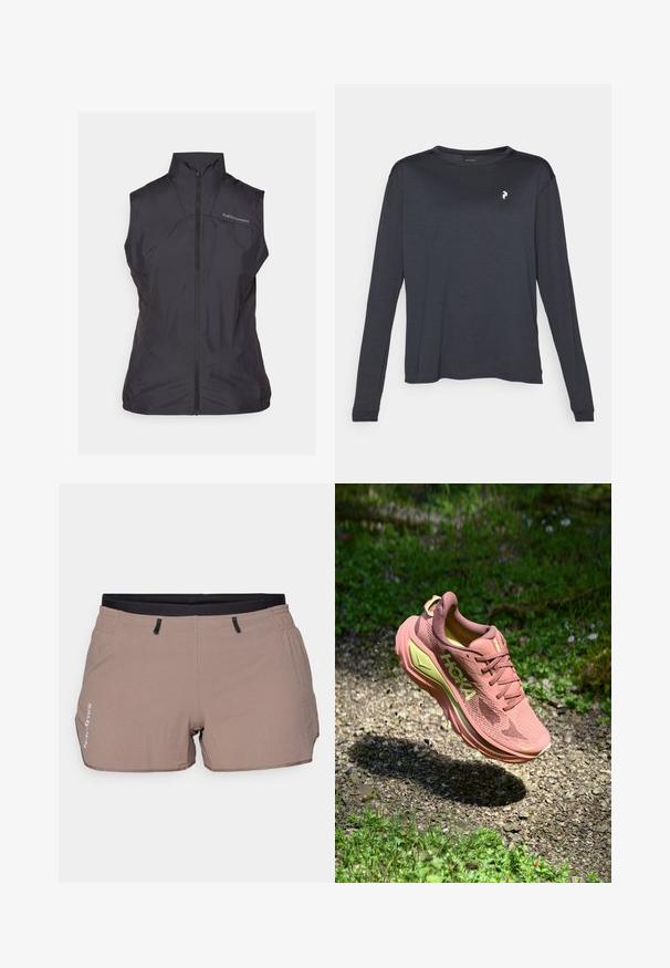 Mustat, hihattomat liivit, joissa on korkea kaulus ja edessä vetoketju. Ne on valmistettu kevyestä, sileästä materiaalista, jossa on hieno kiilto. Rintaosassa logo.; T-paita, jossa on pitkät hihat ja tumman värinen tekstiili, jossa on pyöreä kaula-aukko ja pieni valkoinen logo vasemmassa rinnassa.; Vaaleat beiget shortsit, jotka on valmistettu kevyestä kankaasta. Niissä on tekstuuripintainen kuvio, joustava vyötärö mustilla yksityiskohdilla ja kaksi sivutaskua.; Hoka juoksukengät, joissa on vaaleanpunainen verkko-yläosa ja limevihreitä yksityiskohtia. Varustettu pehmustetulla pohjalla, pyöreällä muodolla ja tekstuuripinnalla pidon parantamiseksi.