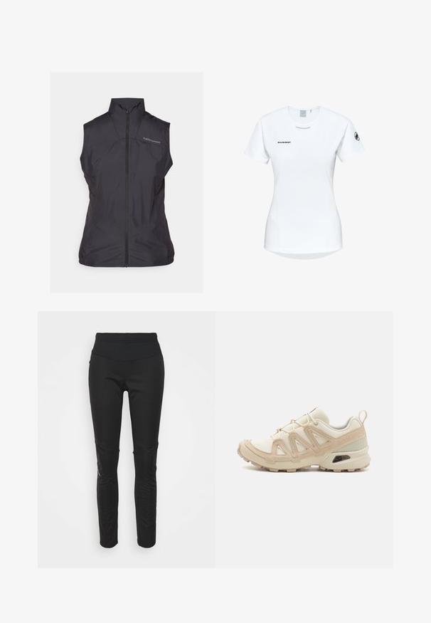 Czarna, bezrękawnikowa kamizelka z wysokim kołnierzem i zamkiem z przodu, wykonana z lekkiego, gładkiego materiału o subtelnej połysku. Logo na piersi.; Koszulka sportowa z krótkim rękawem w kolorze białym, z okrągłym dekoltem, z logo na piersi i gładką, lekką teksturą materiału.; Czarne legginsy sportowe z wysokim pasem, gładką teksturą, detalem logo oraz akcentami w postaci bocznych paneli dla dodatkowego zainteresowania wizualnego.; Beżowe i kremowe buty sportowe z teksturowanej siateczki, wspierającymi nakładkami oraz gumową podeszwą z wzorem bieżnika zapewniającym przyczepność.