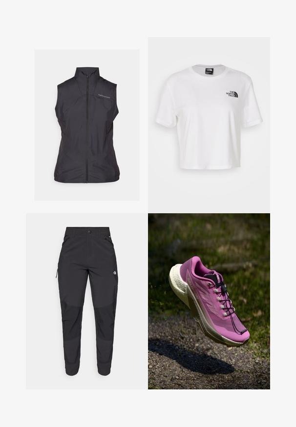 Black, sleeveless vest featuring a high collar and front zipper, made of lightweight, smooth material with a subtle sheen. Logo on the chest.; White cropped t-shirt made of cotton with a round neckline and short sleeves. Features a black logo on the left chest.; Black outdoor pants made of durable fabric. Feature zippered pockets, reinforced knee panels, and a straight cut design for mobility.; Lightweight pink running shoe with breathable mesh upper, white textured sole, and black laces. Features a streamlined design for performance.