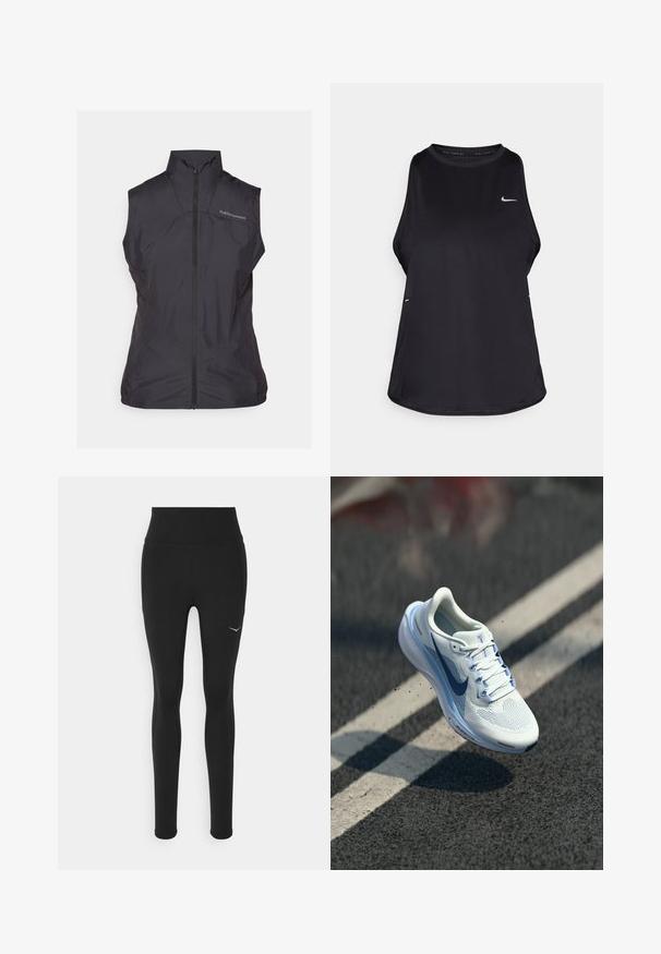 Black, sleeveless vest featuring a high collar and front zipper, made of lightweight, smooth material with a subtle sheen. Logo on the chest.; Black sleeveless running tank top made of lightweight material with a round neck; features a subtle logo and side slits for breathability.; Black leggings with a high waist, made from stretchy material. Features a small white logo on the left side and side seam detailing.; White athletic shoe with breathable mesh upper and blue accents. Features a cushioned sole and flat laces. Midsole displays "Air Zoom" branding.