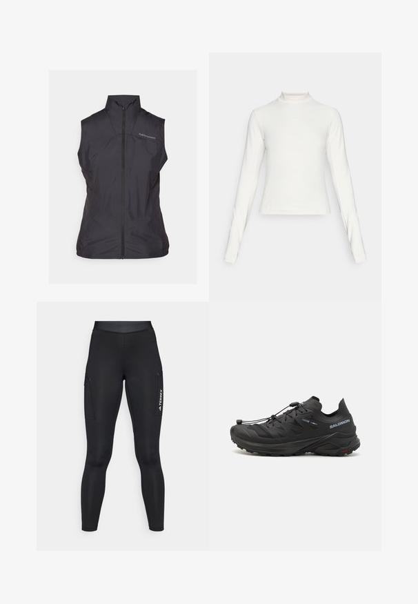 Gilet noir sans manches avec un col haut et une fermeture éclair à l'avant, fabriqué en matériau léger et lisse avec un subtil éclat. Logo sur la poitrine.; Haut de sport blanc à manches longues avec col montant et petit logo centré sur la poitrine, présenté sur fond uni.; Leggings de sport noirs au design ajusté, fabriqués en tissu extensible. Présentent des poches latérales et un logo "TERREX" blanc.; Chaussures de trail running noires avec une tige texturée, des panneaux en maille et un système de fixation sécurisé. Présentent une semelle extérieure robuste pour une meilleure traction.