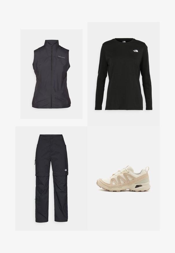 Chaleco negro sin mangas con cuello alto y cremallera frontal, hecho de un material ligero y suave con un brillo sutil. Logo en el pecho.; Camiseta de manga larga negra de algodón con cuello redondo. Presenta un pequeño logotipo blanco en la parte izquierda del pecho. Diseño y ajuste simples.; Pantalones cargo de nailon negro con cremallera desmontable, puños ajustables, múltiples bolsillos y un logotipo en la pierna derecha. Textura suave y ligera.; Zapatilla deportiva beige y crema con parte superior de malla texturizada, superposiciones de soporte y suela de goma con un patrón de tracción.