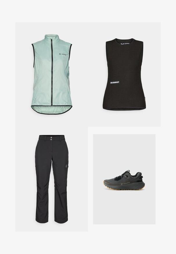 Lengvas be rankovių liemenė šviesiai mėtų spalvos, pagaminta iš minkštos medžiagos, su priekiniais užtrauktukais, aukšta apykakle ir juodais akcentais.; Juodas be rankovių marškinėliai su tekstūruota raštu, apvaliu iškirpimu ir "MAMMUT" logotipu priekyje. Pagaminti iš pralaidaus oro medžiagos.; Juoda lauko kelnės su tiesiu kirpimu, su mygtuko uždarymu, užtrauktuku užtraukiamomis šoninėmis kišenėmis ir logotipo aplikacija kairiajame šlaunyje.; Columbia TERRASTRIDE CRZ - Turistiniai batai - shark/black