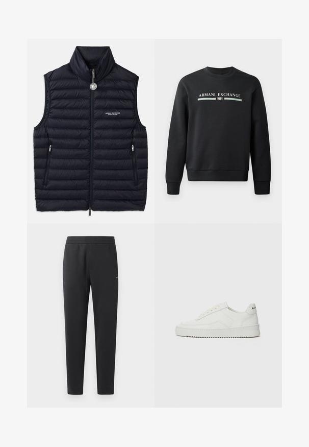 Jūras spēku pūkains bezmugurkaulnieks ar augstu apkakli, priekšējo rāvējslēdzēju, divām rāvējslēdzēja kabatām un logotipa detaļu kreisajā pusē. Visā virsmā ir šūtas, pildītas struktūras.; Melna sporta krekla izgatavots no mīksta auduma. Tam ir apaļš kakls un garas piedurknes. Priekšpusē ir rakstīts "ARMANI EXCHANGE" un "1991" kontrastējošās krāsās.; Melni sporta bikses, kas izgatavotas no mīkstas auduma, ar elastīgu jostasvietu, taisnām kājām un nelielu logotipa detaļu sānos.; Baltas ādas sneakers ar gludu virsmu, apaļu pirkstu daļu, plakaniem šņorēm un teksturētu zoli. Satur diskrētu logotipu uz papēža.