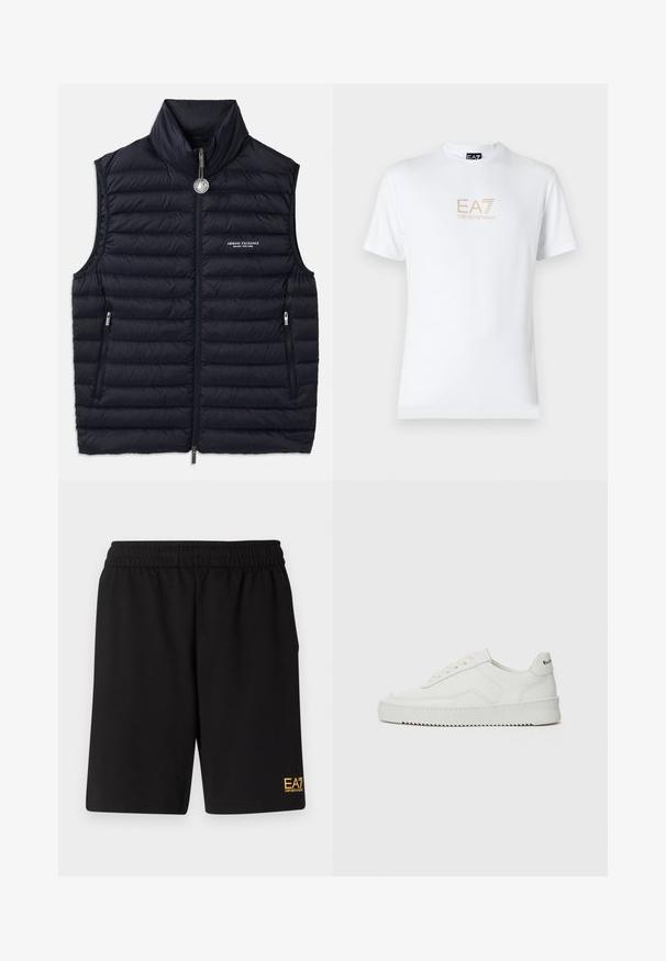 Marineblauwe gewatteerde vest met hoge kraag, voorrits, twee ritszakken en logo-detail aan de linkerkant. Genestelde, gevoerde textuur overal.; Witte katoenen t-shirt met een ronde halslijn en korte mouwen, voorzien van een gouden EA7 Emporio Armani-logo op de voorkant.; Zwarte sportshorts van zacht materiaal, met een elastische tailleband en een klein geel EA7-logo op de onderste linkeronderbroek.; Witte leren sneaker met een gladde afwerking, ronde neus, platte veters en een gestructureerde zool. Kenmerkt zich door een subtiel logo op de hiel.