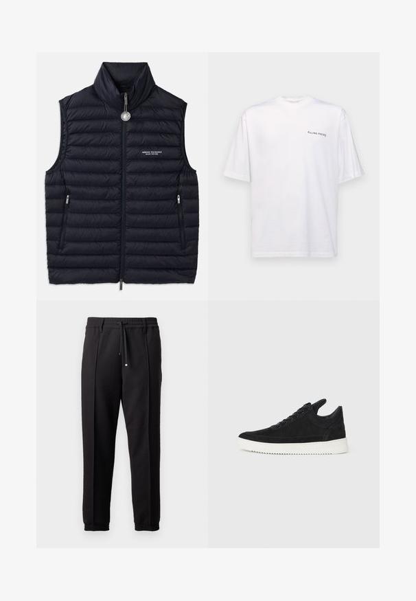 Navy puffer vest with high collar, front zip, two zippered pockets, and logo detail on the left side. Stitched, padded texture throughout.; White short-sleeve t-shirt in cotton with a v-neck, featuring a black "FILLING PIECES" logo printed on the left side.; Black trousers with a waistband, drawstring, and elastic cuffs. Features pleats and a smooth, textured fabric.; Black suede sneaker with a white rubber sole, featuring tonal stitching and lace-up design. Smooth texture with a modern, streamlined shape.