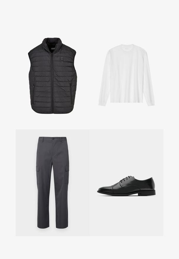 Schwarze ärmellose Steppweste mit hohem Kragen, Reißverschluss, zwei Seitentaschen, horizontalen Nähten und einem kleinen Logo-Flag auf der Brust.; Langärmliges weißes Baumwoll-T-Shirt mit Rundhalsausschnitt und gerippten Bündchen. Einfaches, ungeschmücktes Design mit glatter Textur und normaler Passform.; Kohlgraue Cargo-Hosen aus glattem Stoff, mit geradem Bein, zwei Seitentaschen und einem Knopfverschluss an der Taille.; Schwarzer Leder-Dieerschuh mit runder Zehenform, Schnürdesign, dezenten Nähdetails und niedrigem Absatz. Glatte Textur mit polierter Oberfläche.