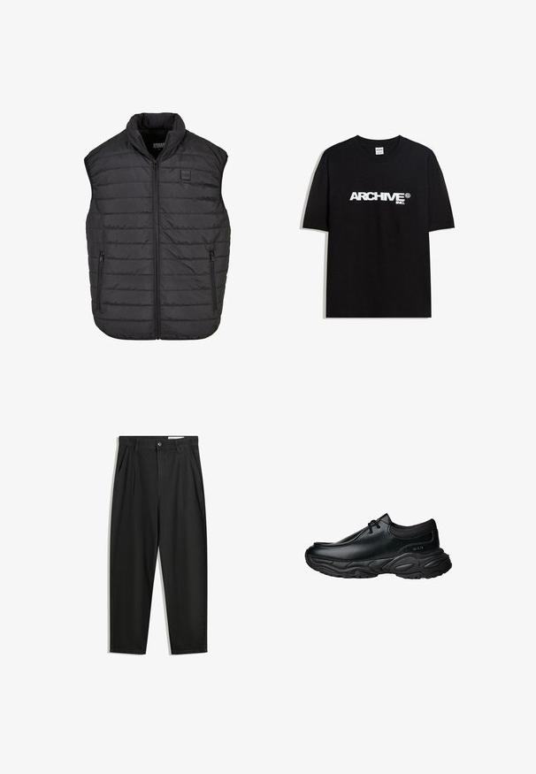 Črna brezrokavna puhasta jopica z visokim ovratnikom, zadrgo, dvema stranskima žepoma, horizontalnim šivom in majhnim logotipom na prsih.; Črna bombažna majica s kratkimi rokavi z belim logotipom "ARCHIVE inc." čez prsa in okroglo ovratnikom.; Črne bombažne hlače s sproščenim krojem, ki vključujejo klasičen pas, sprednje gube in stranske žepke. Gladka tekstura brez vzorcev.; Črne usnjene čevlje za enostavno obuvanje z zaobljenim nosom in debelim strukturiranim gumijastim podplatom. Imajo diskretne šive in elastične dodatke na ovratniku.